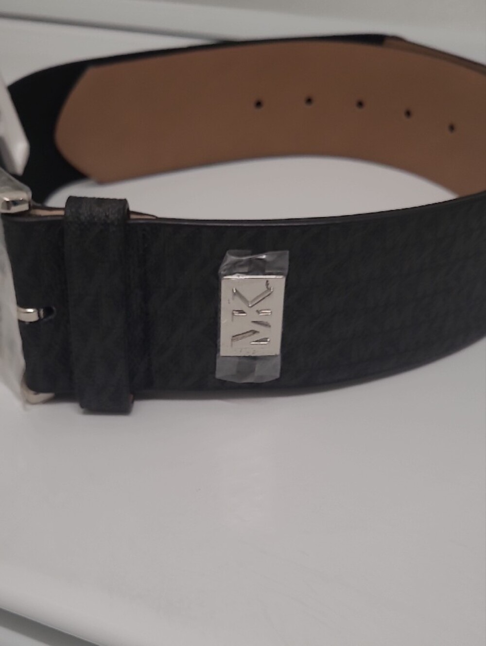 Michael Kors Black Logo-Print Womens Belt with Silver-Tone Hardware